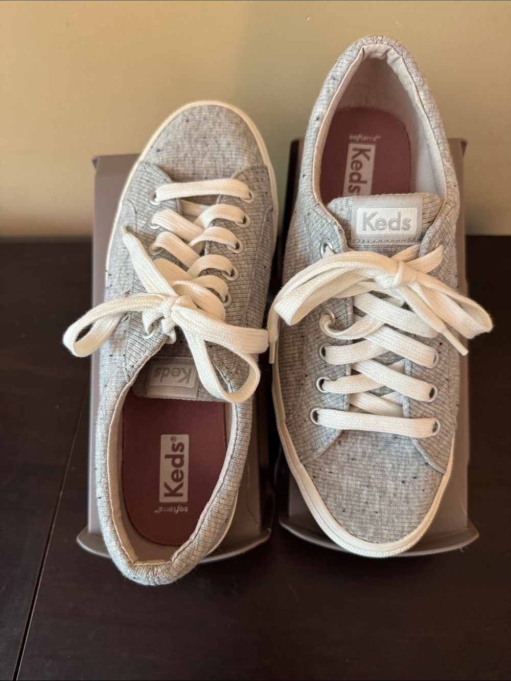 Keds Light Gray Knit Lace-Up Sneakers with White Laces
